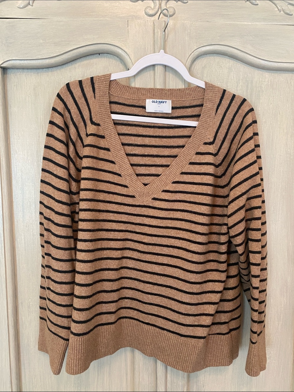 Old Navy Camel & Black Striped V-Neck Sweater